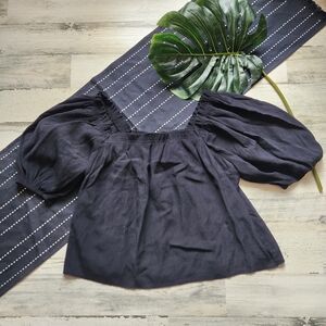 Abercrombie & Fitch Crinkle Texture Square Neck Puff Sleeve Blouse Black Large